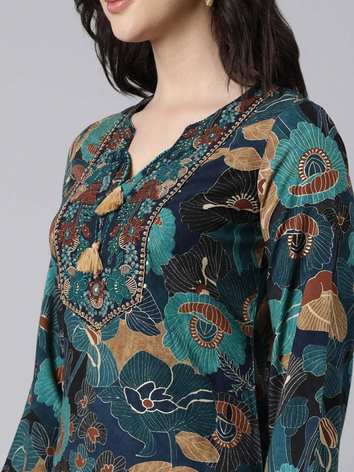 Neerus Blue printed floral straight suit set - detail view 1
