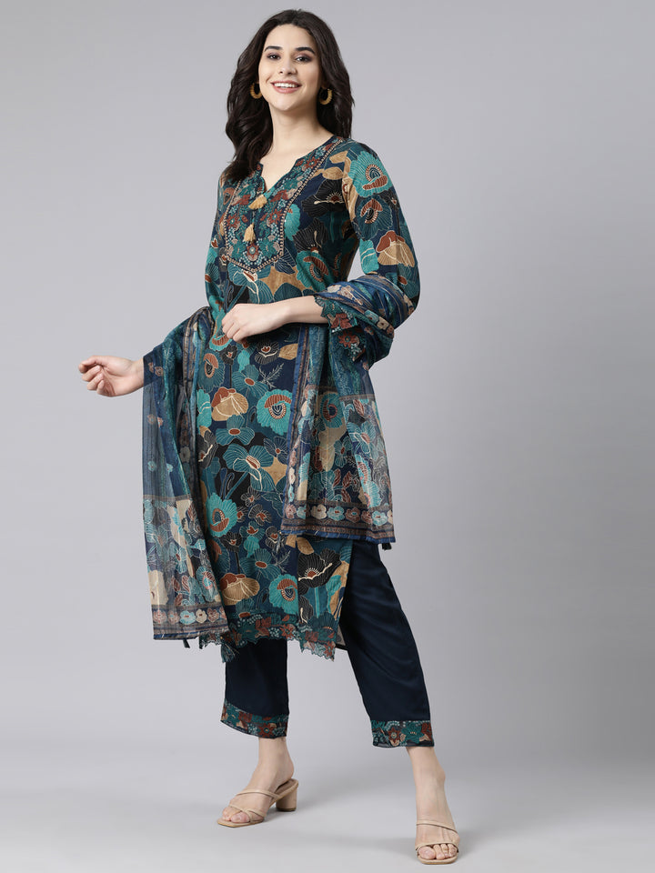 Neerus Blue printed floral straight suit set - detail view 2