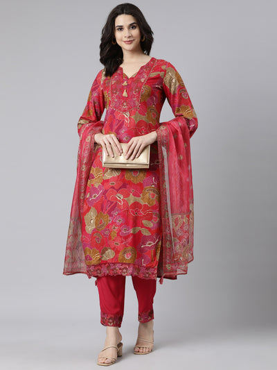 Neerus Pink Regular Straight Floral Kurta And  Trousers With Dupatta