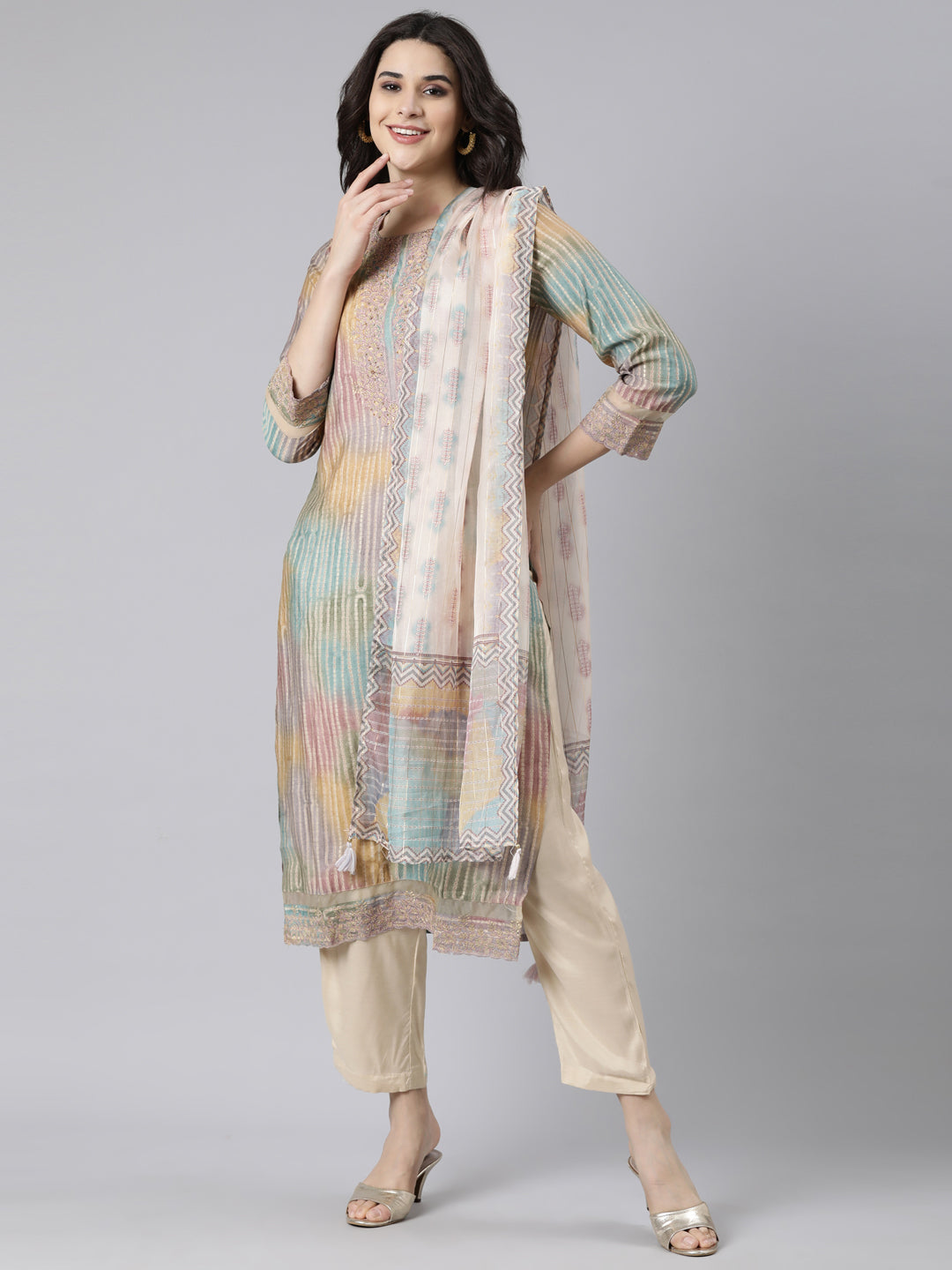 Neerus Multi printed straight suit set kurta with trouser and dupatta - front view