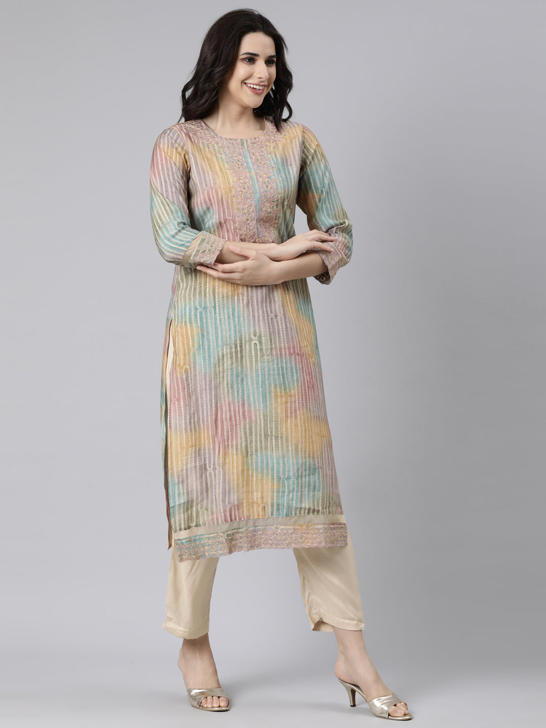 Neerus Multi printed straight suit set kurta with trouser and dupatta - back view