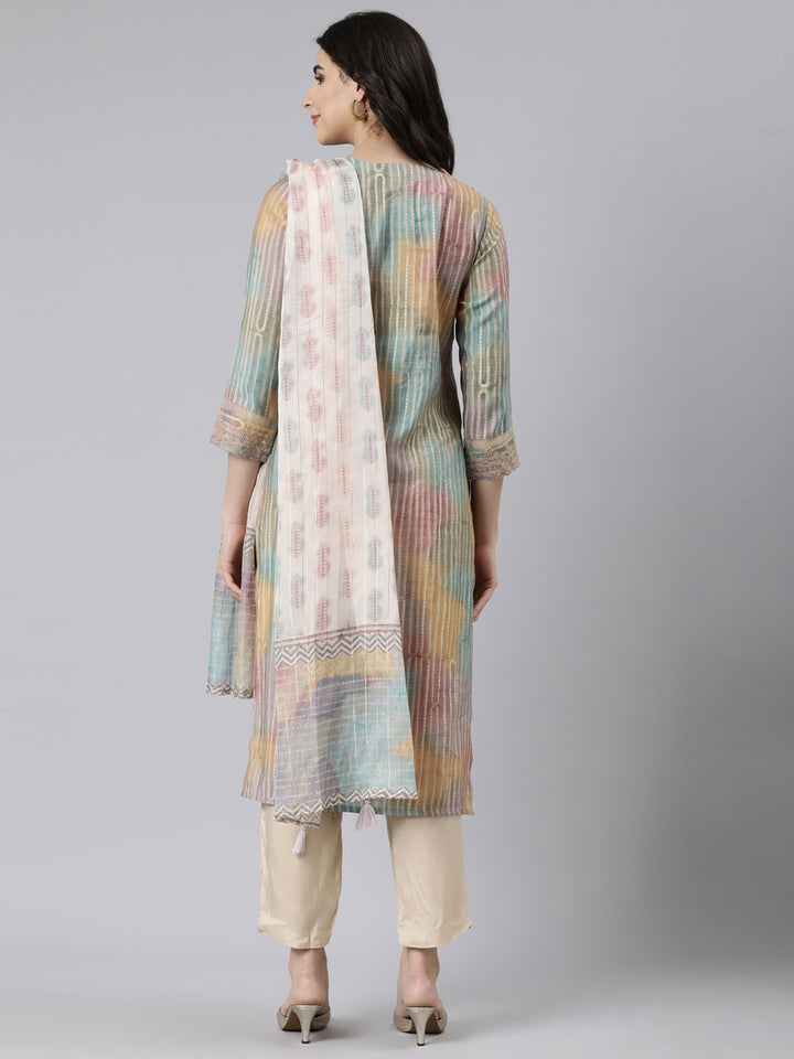 Neerus Multi printed straight suit set kurta with trouser and dupatta - side view