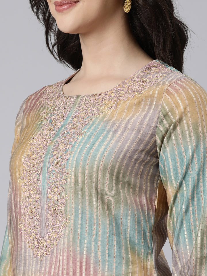 Neerus Multi printed straight suit set kurta with trouser and dupatta - detail view 1