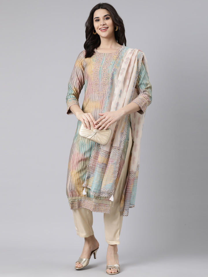 Neerus Multi printed straight suit set kurta with trouser and dupatta - detail view 2