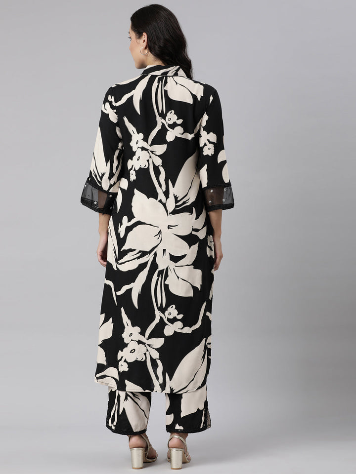 Neerus Black printed panelled straight kurta set with palazzo - detail view 1
