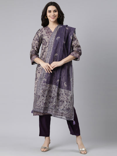 Neerus Purple Regular Straight Paisley Kurta And  Trousers With Dupatta