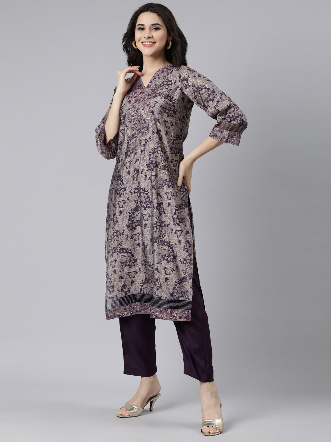 Neerus Purple Regular Straight Paisley Kurta And  Trousers With Dupatta