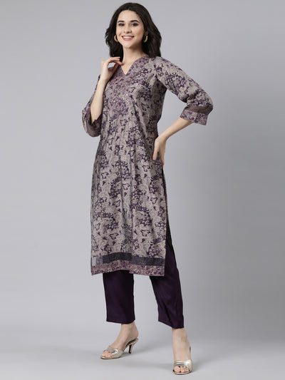 Neerus Purple Regular Straight Paisley Kurta And  Trousers With Dupatta