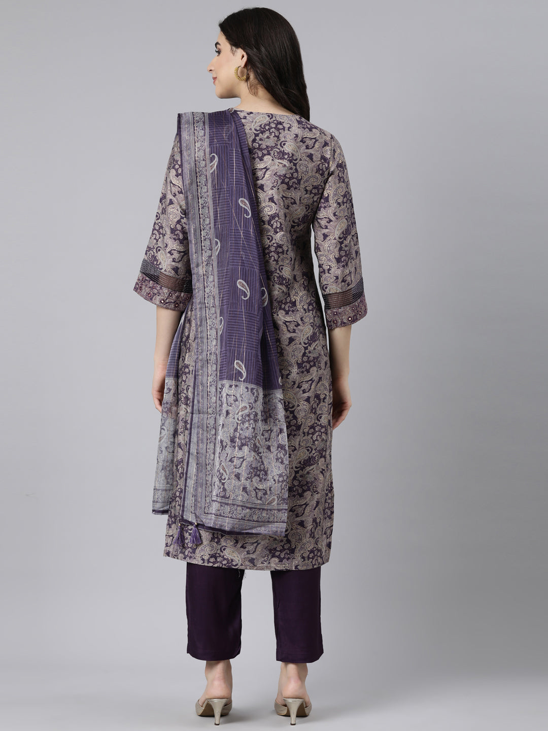 Neerus Purple Regular Straight Paisley Kurta And  Trousers With Dupatta
