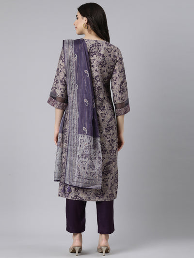 Neerus Purple Regular Straight Paisley Kurta And  Trousers With Dupatta