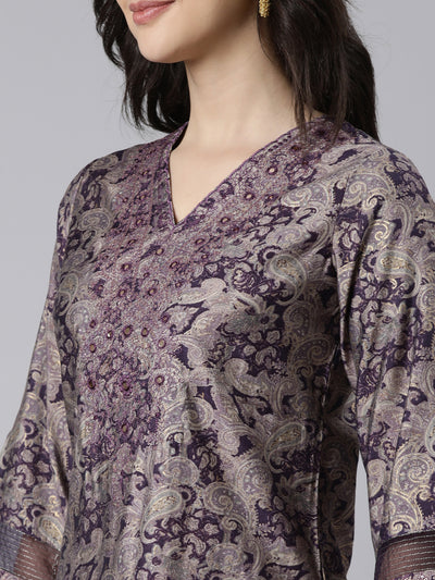 Neerus Purple Regular Straight Paisley Kurta And  Trousers With Dupatta