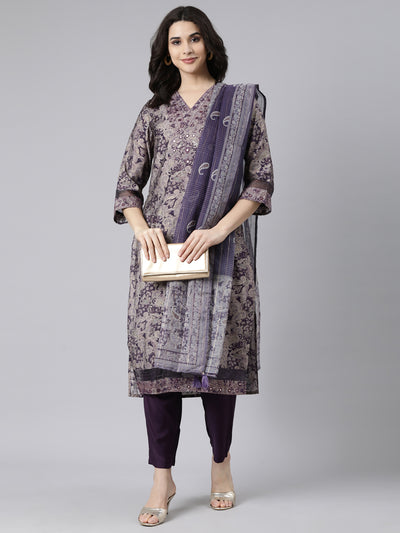 Neerus Purple Regular Straight Paisley Kurta And  Trousers With Dupatta