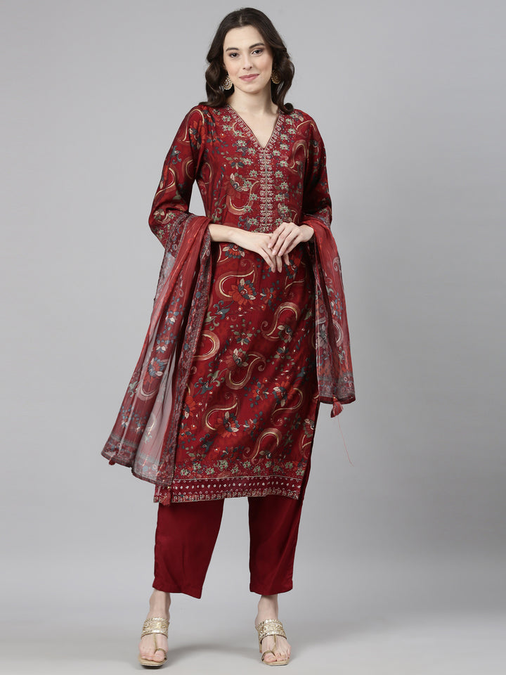 Neerus Maroon Casual Floral Straight Kurta and Trousers With Dupatta