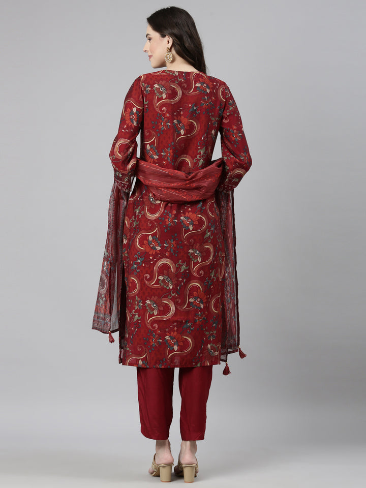 Neerus Maroon Casual Floral Straight Kurta and Trousers With Dupatta
