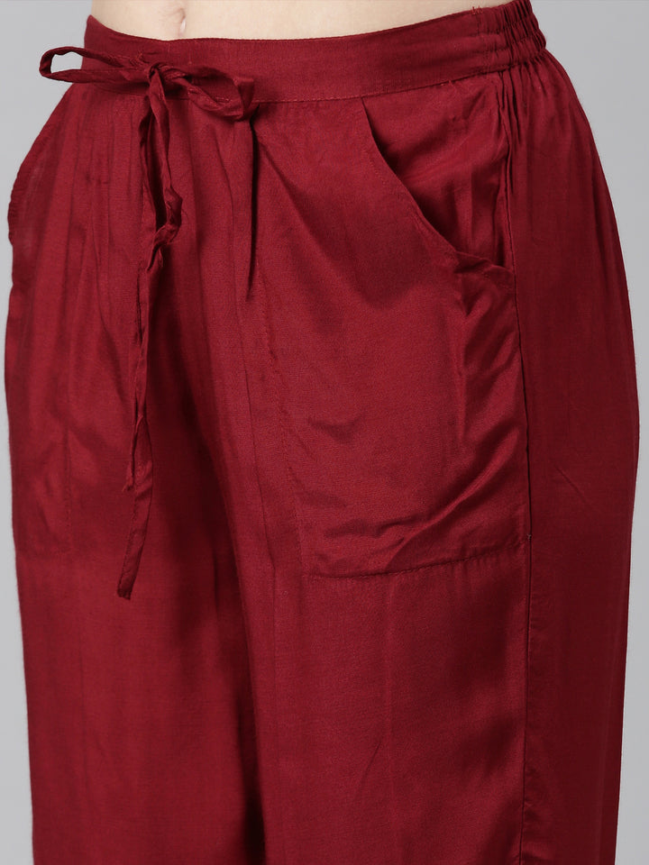 Neerus Maroon Casual Floral Straight Kurta and Trousers With Dupatta