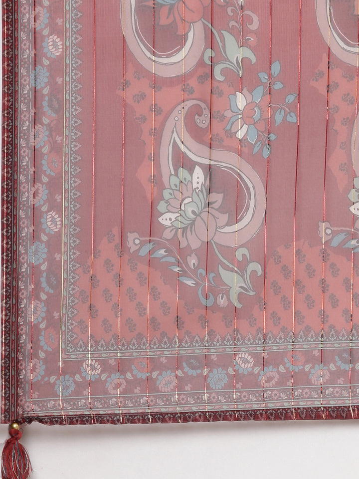 Neerus Maroon Casual Floral Straight Kurta and Trousers With Dupatta