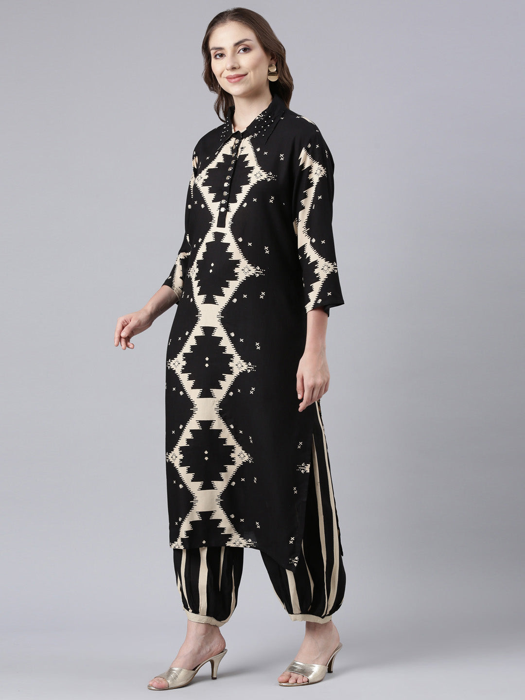 Neerus Black cotton printed kurta set with palazzo - back view