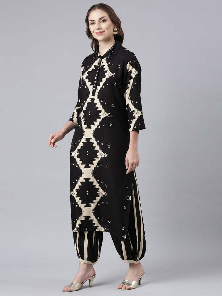 Neerus Black cotton printed kurta set with palazzo - back view