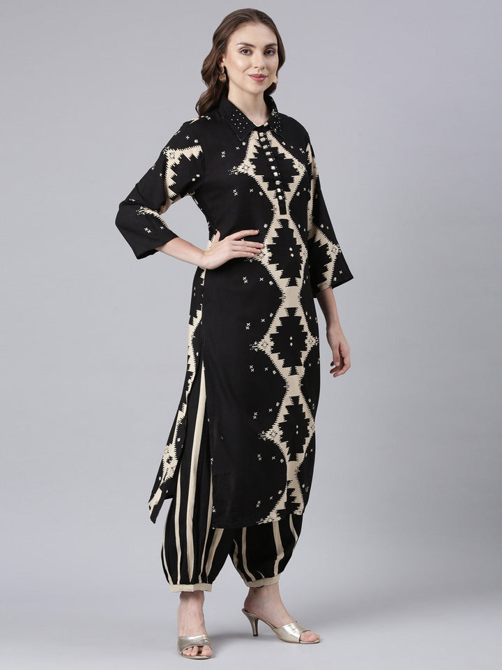 Neerus Black cotton printed kurta set with palazzo - side view
