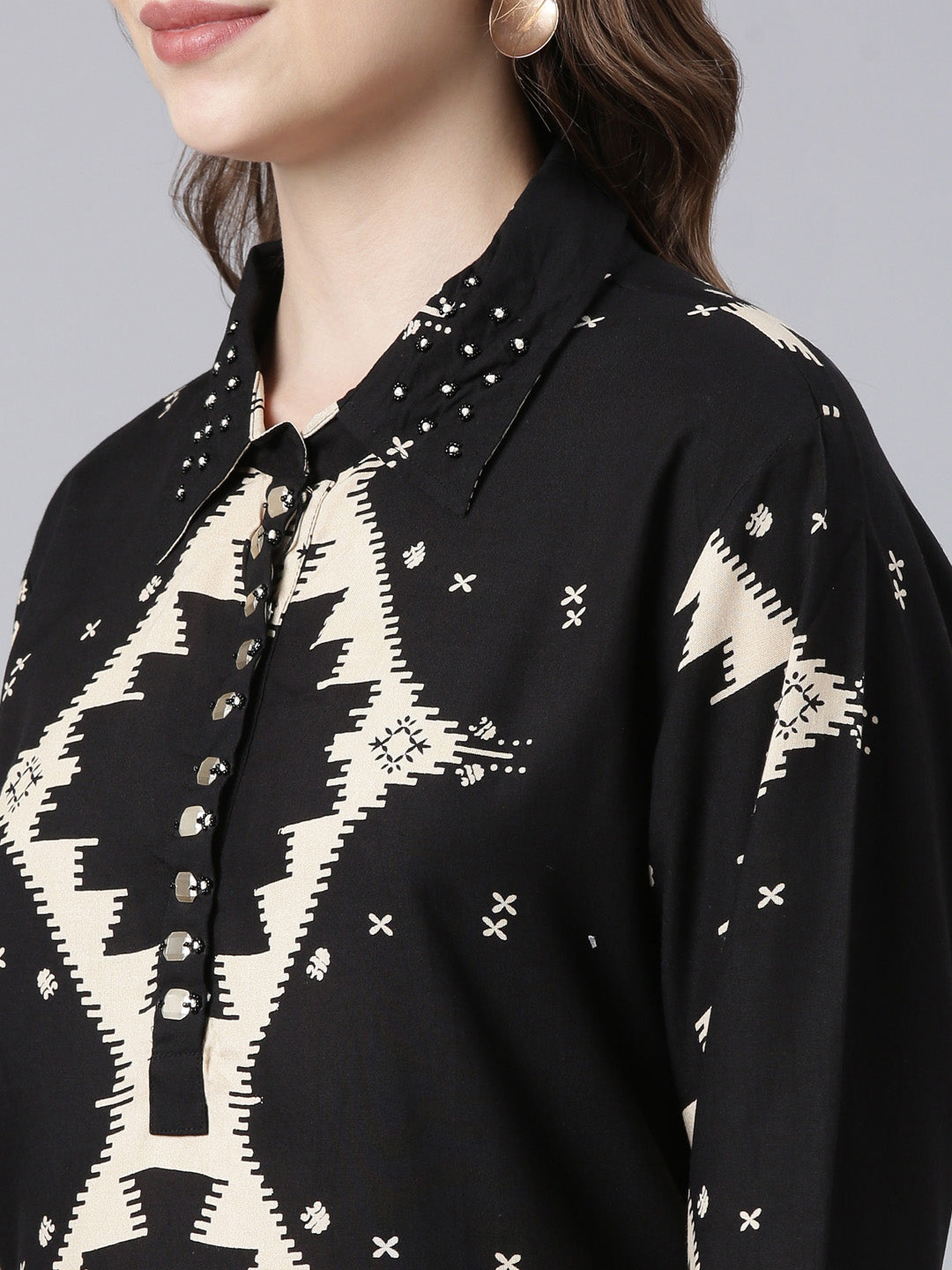 Neerus Black cotton printed kurta set with palazzo - detail view 2