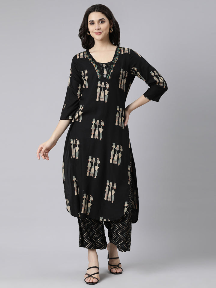 Neerus Black quirky printed straight suit set - front view