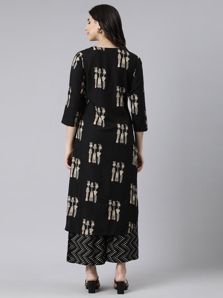 Neerus Black quirky printed straight suit set - side view