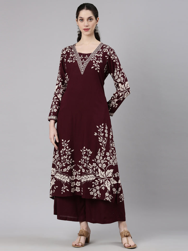 Neerus Maroon rayon printed kurta set with palazzo - front view