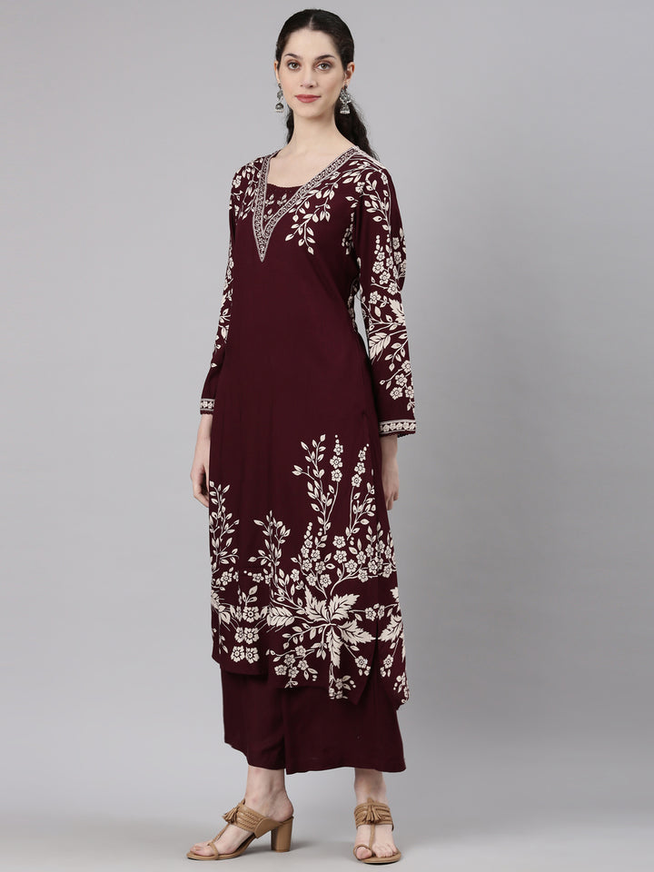 Neerus Maroon rayon printed kurta set with palazzo - side view