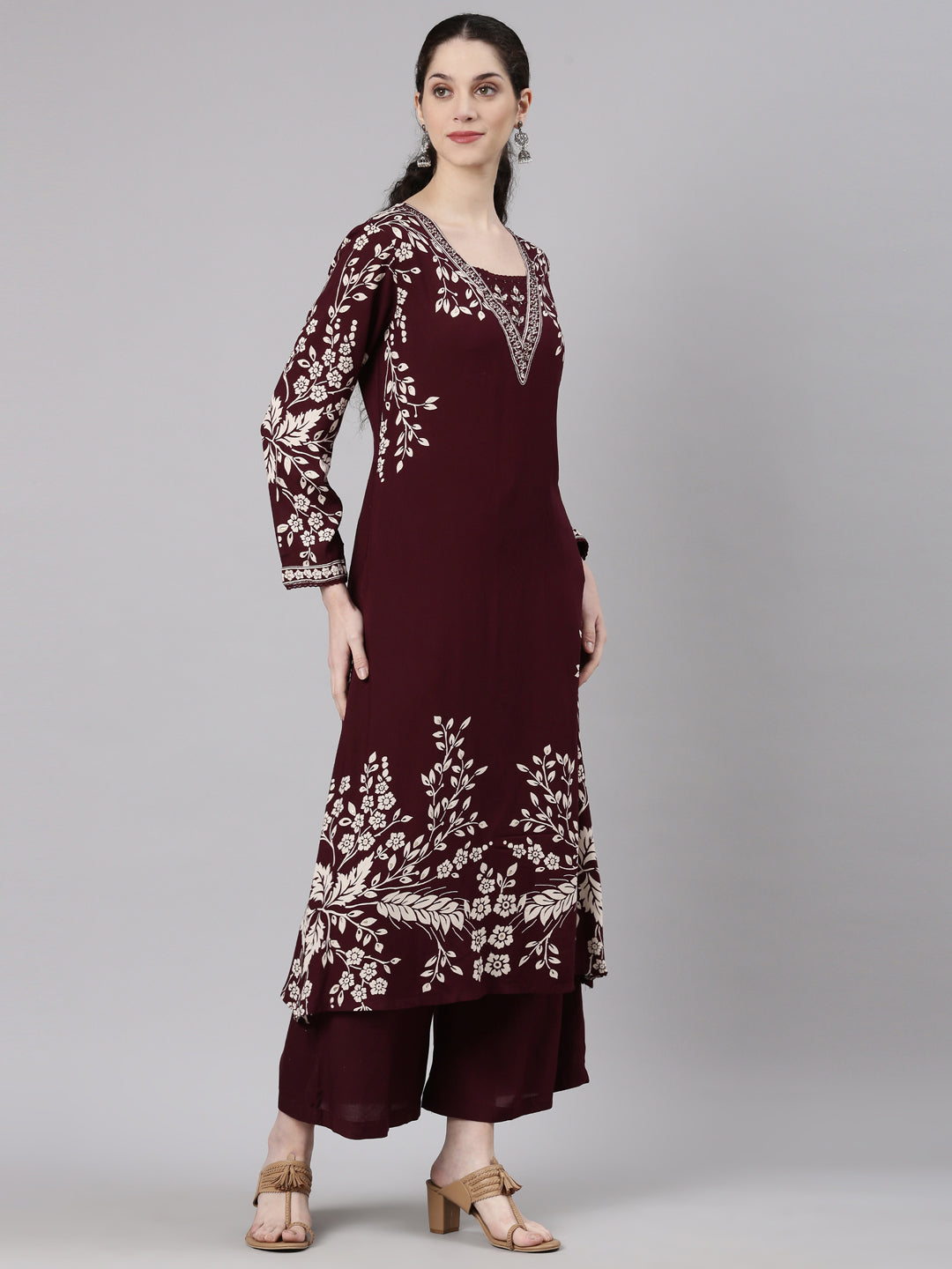 Neerus Maroon rayon printed kurta set with palazzo - detail view 1