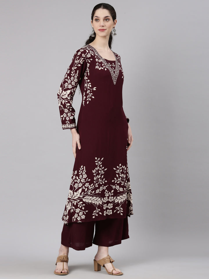 Neerus Maroon rayon printed kurta set with palazzo - detail view 1