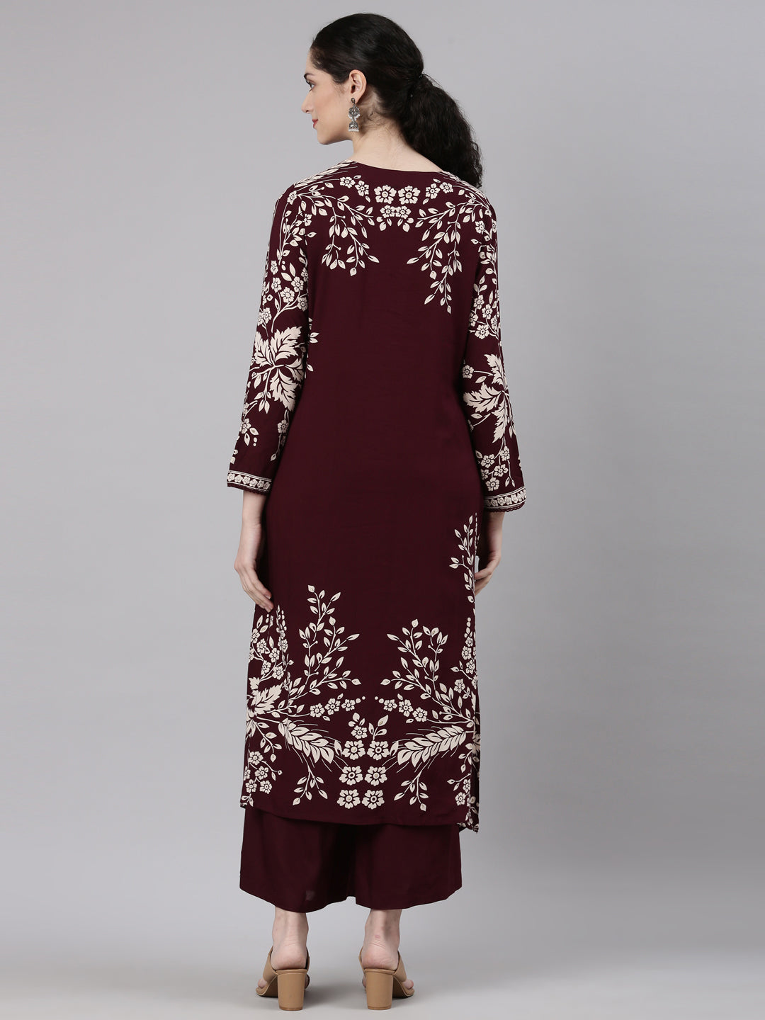 Neerus Maroon rayon printed kurta set with palazzo - detail view 2