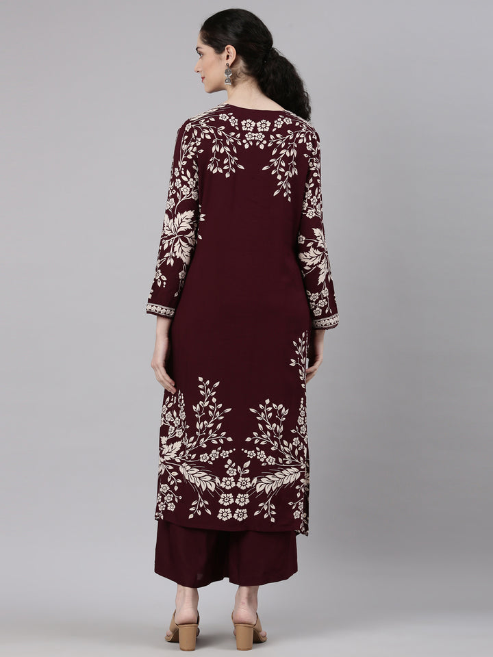 Neerus Maroon rayon printed kurta set with palazzo - detail view 2