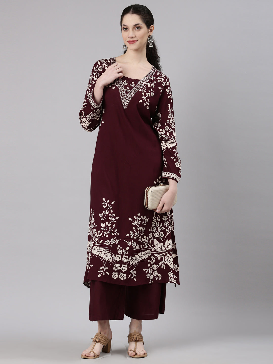 Neerus Maroon rayon printed kurta set with palazzo - detail view 3