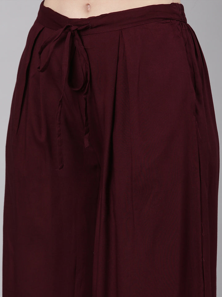 Neerus Maroon rayon printed kurta set with palazzo - detail view 4