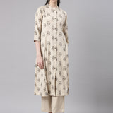 Neerus Beige Straight Casual Floral Kurta and Trouser