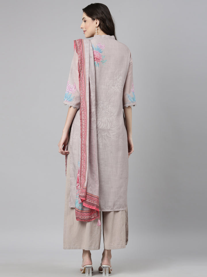 Neerus Grey slub cotton printed suit set - detail view 1