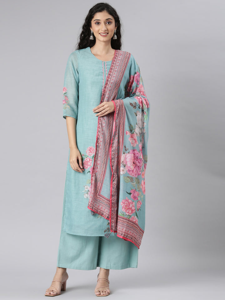 Neerus Green linen printed suit set - front view