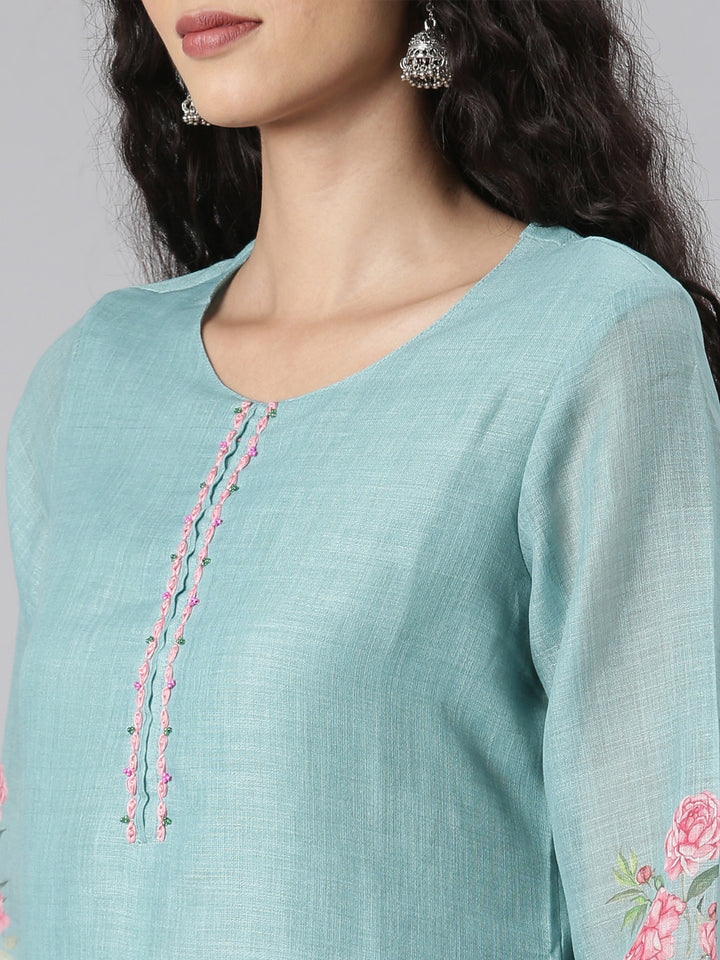 Neerus Green linen printed suit set - detail view 2