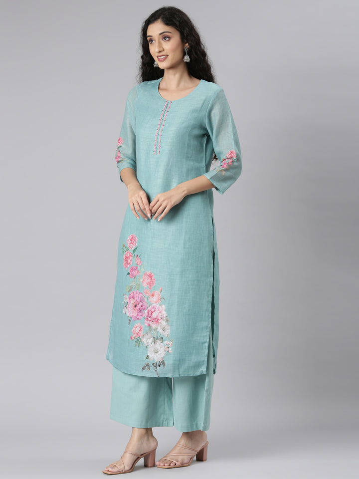 Neerus Green linen printed suit set - back view