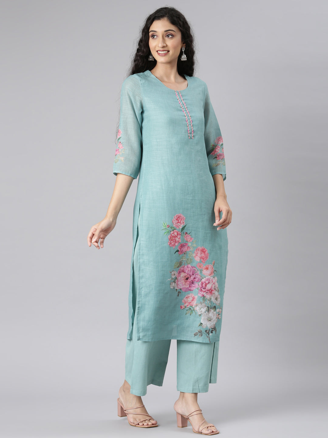 Neerus Green linen printed suit set - side view