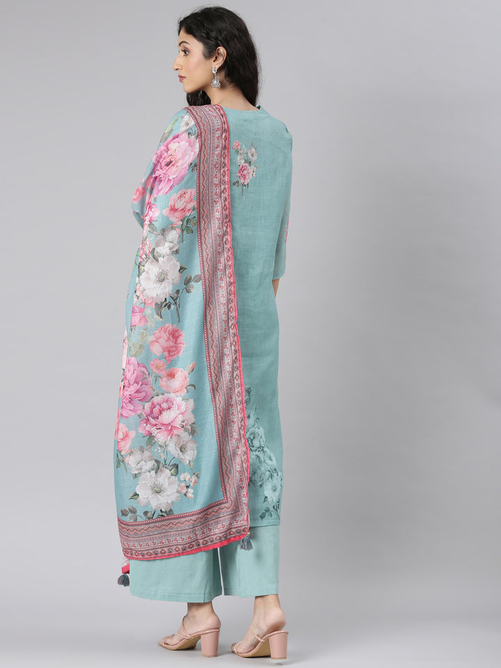 Neerus Green linen printed suit set - detail view 1