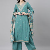 Neerus Green Casual Ethnic Motifs Straight Kurta and Palazzos With Dupatta