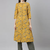 Neerus Mustard Casual Floral Straight Kurta and Trousers