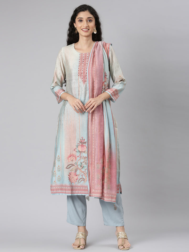 Neerus Blue Straight Casual Floral Kurta and Trouser with Dupatta