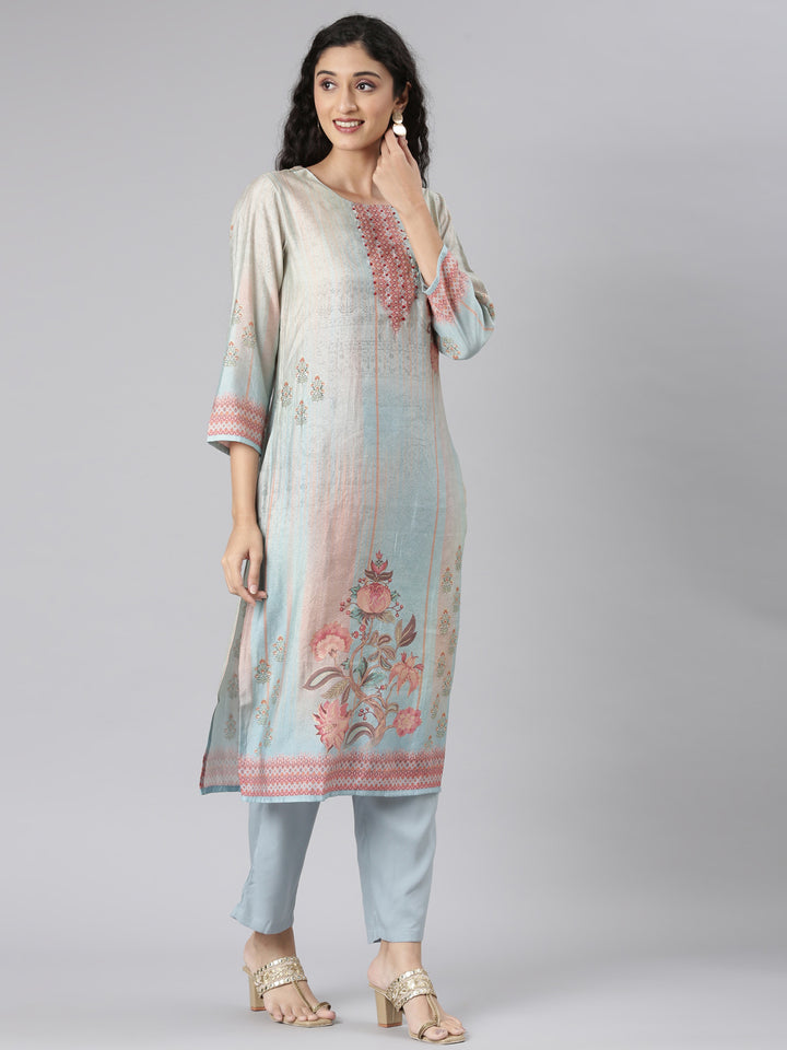 Neerus Blue Straight Casual Floral Kurta and Trouser with Dupatta
