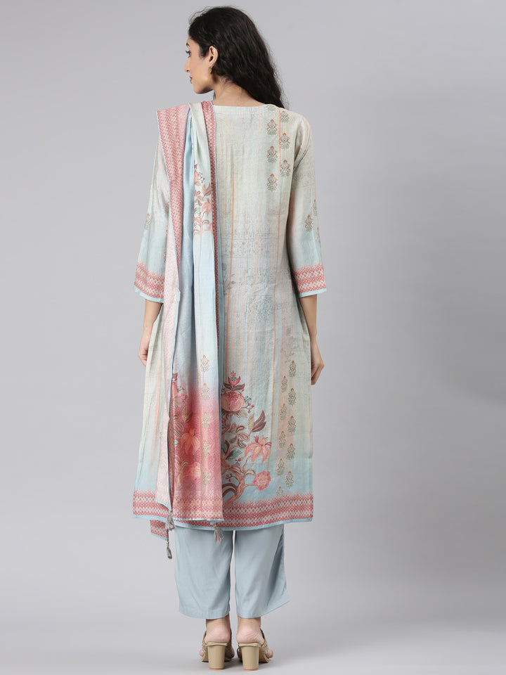 Neerus Blue Straight Casual Floral Kurta and Trouser with Dupatta