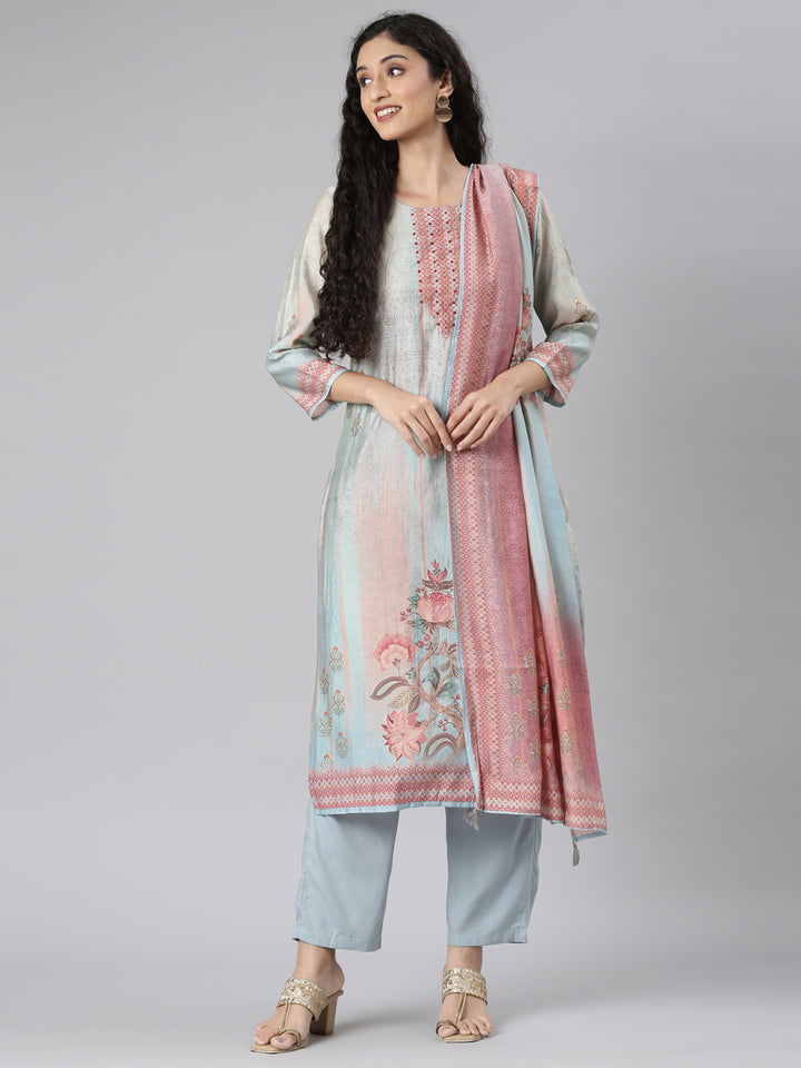Neerus Blue Straight Casual Floral Kurta and Trouser with Dupatta