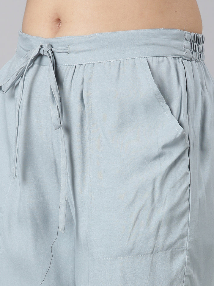 Neerus Blue Straight Casual Floral Kurta and Trouser with Dupatta