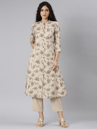 Neerus Beige Straight Casual Floral Kurta and Trouser
