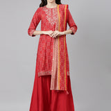 Neerus Red Casual Bandhani Straight Kurti and Palazzos With Dupatta